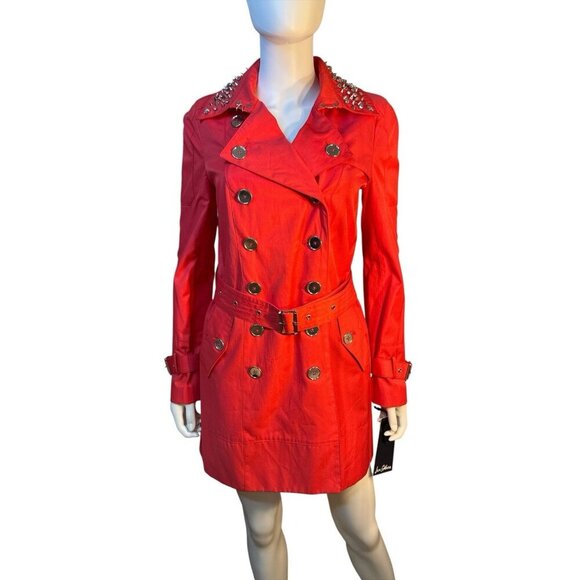 Sam Edelman Studded Collar Belted Button Down Trench Coat Hibiscus Sz Small Nwt - Picture 1 of 9